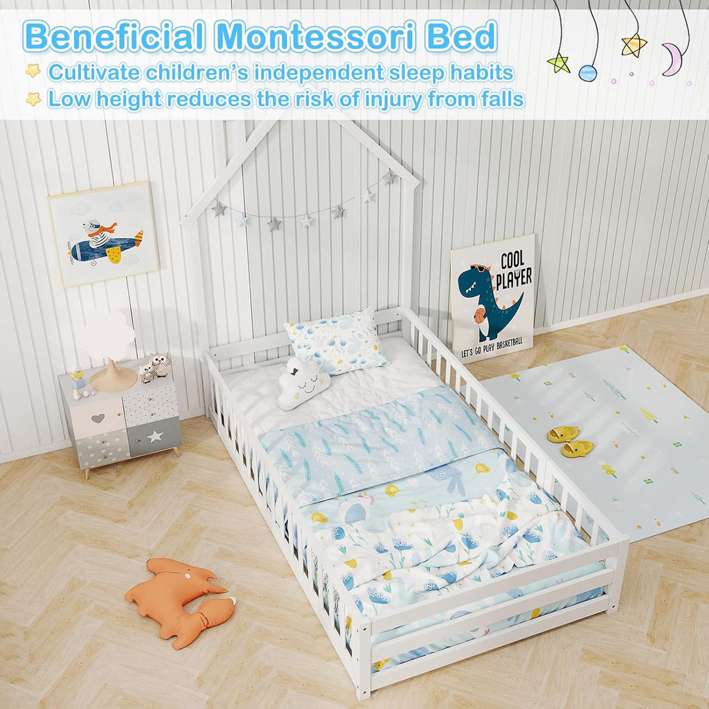 Floor Bed, House-Shaped Montessori Bed Frame with Headboard, Full-Length Guardrail, Chimney & Solid Wood