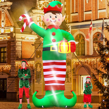 Christmas Inflatables, Giant 15 FT Christmas Elf Inflatable Outdoor Decoration, Blow Up Xmas Elf Holding Box, LED