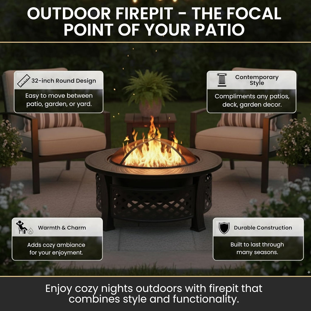 Fire Pit - 32-Inch Outdoor Fireplace with Spark Screen, Poker, and Cover - Wood-Burning Fire Pit