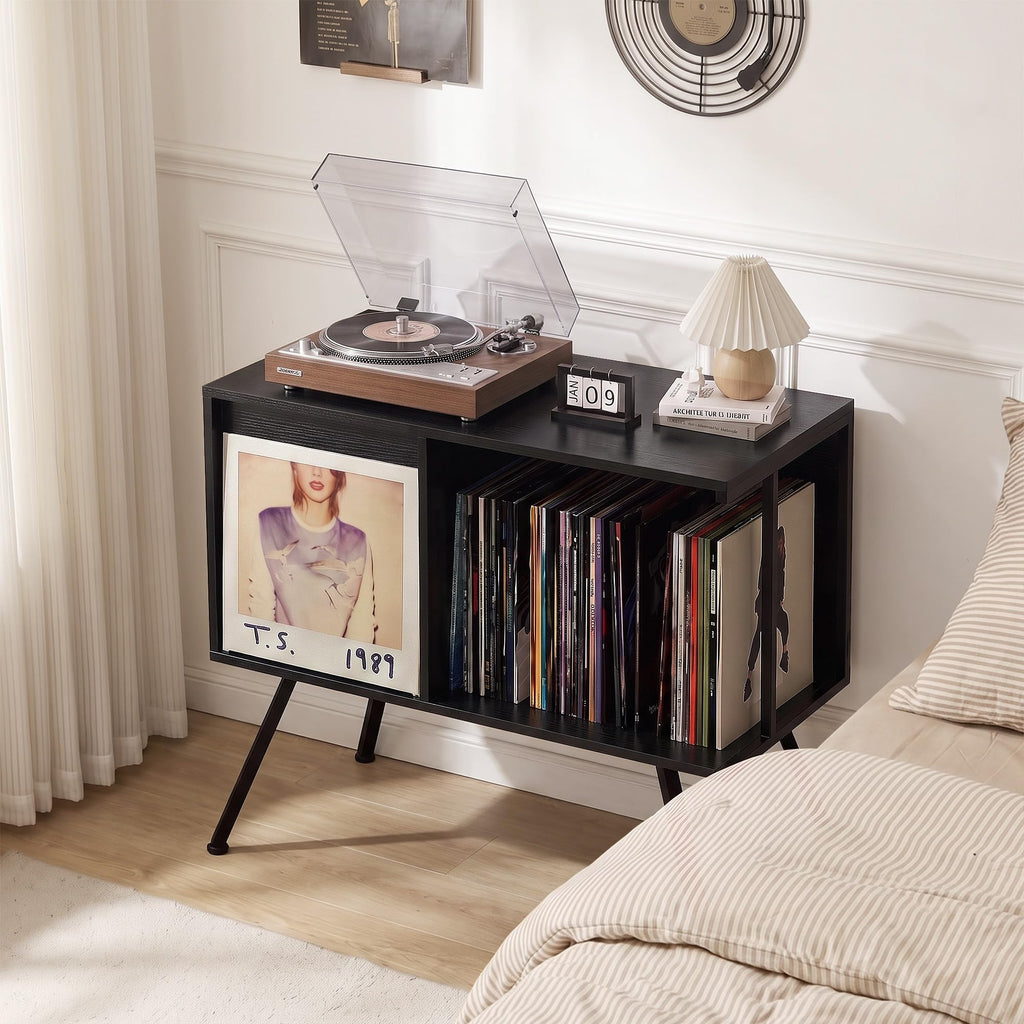 Flip Top Record Player Stand with Vinyl Storage Up to 150 Albums