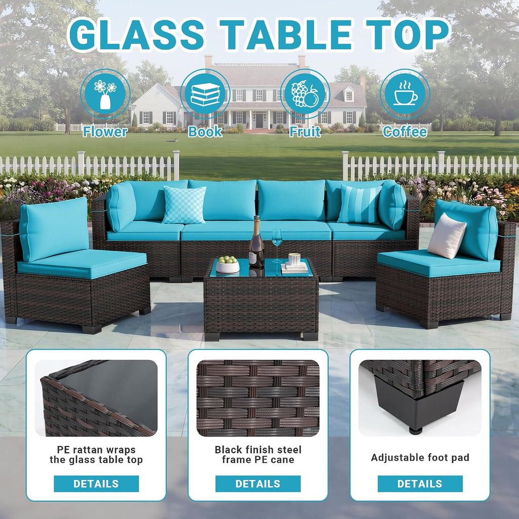 7-Piece Outdoor Patio Furniture Sets, Manual Weaving Rattan Conversation Sectional Sofa with Tempered Glass Coffee