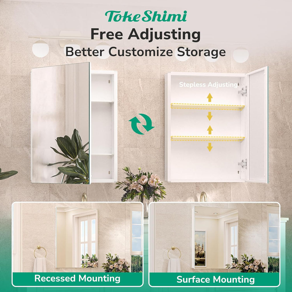 20x26 Medicine Cabinet Mirror with Storage Tempered, Aluminum Surface Mount or Recessed Medicine Cabinet White with