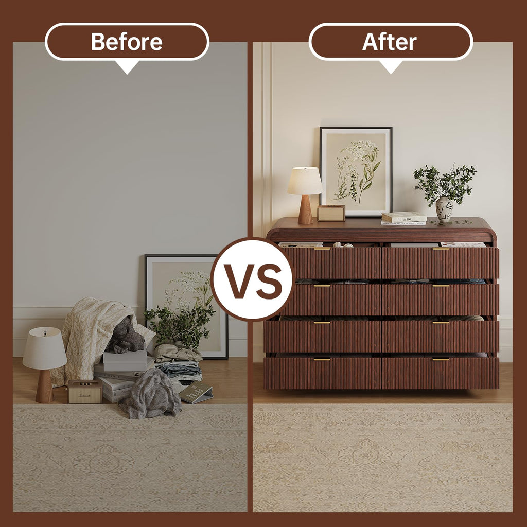 Fluted 8 Drawers Dresser Wooden, Dark Walnut