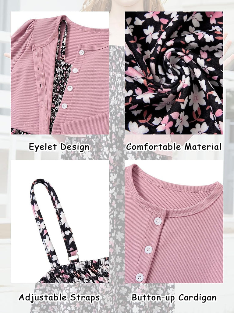 Girls Casual Adjustable Strap Sleveless Dress Cardigan Set