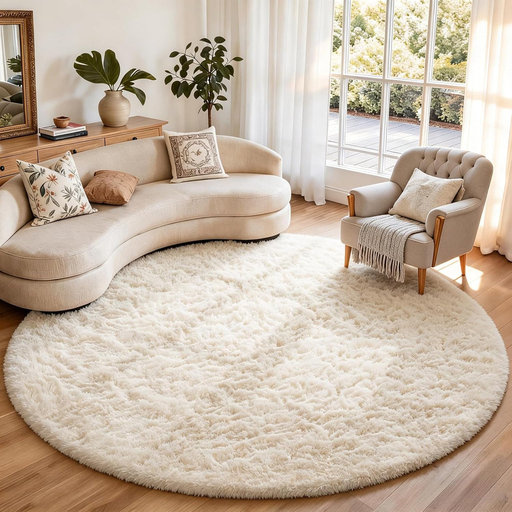 Round Rugs 8Ft Ivory Circle Area Rug, Aesthetic Room Decor, Fluffy Fuzzy Bedroom Carpet, Plush Soft 