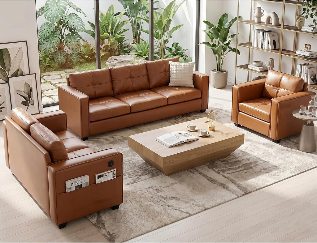 Brown Leather Sofa Couch Sectional Couches , Comfy Sofas with USB USB & Type C Charger, Home Office 3 Piece Living