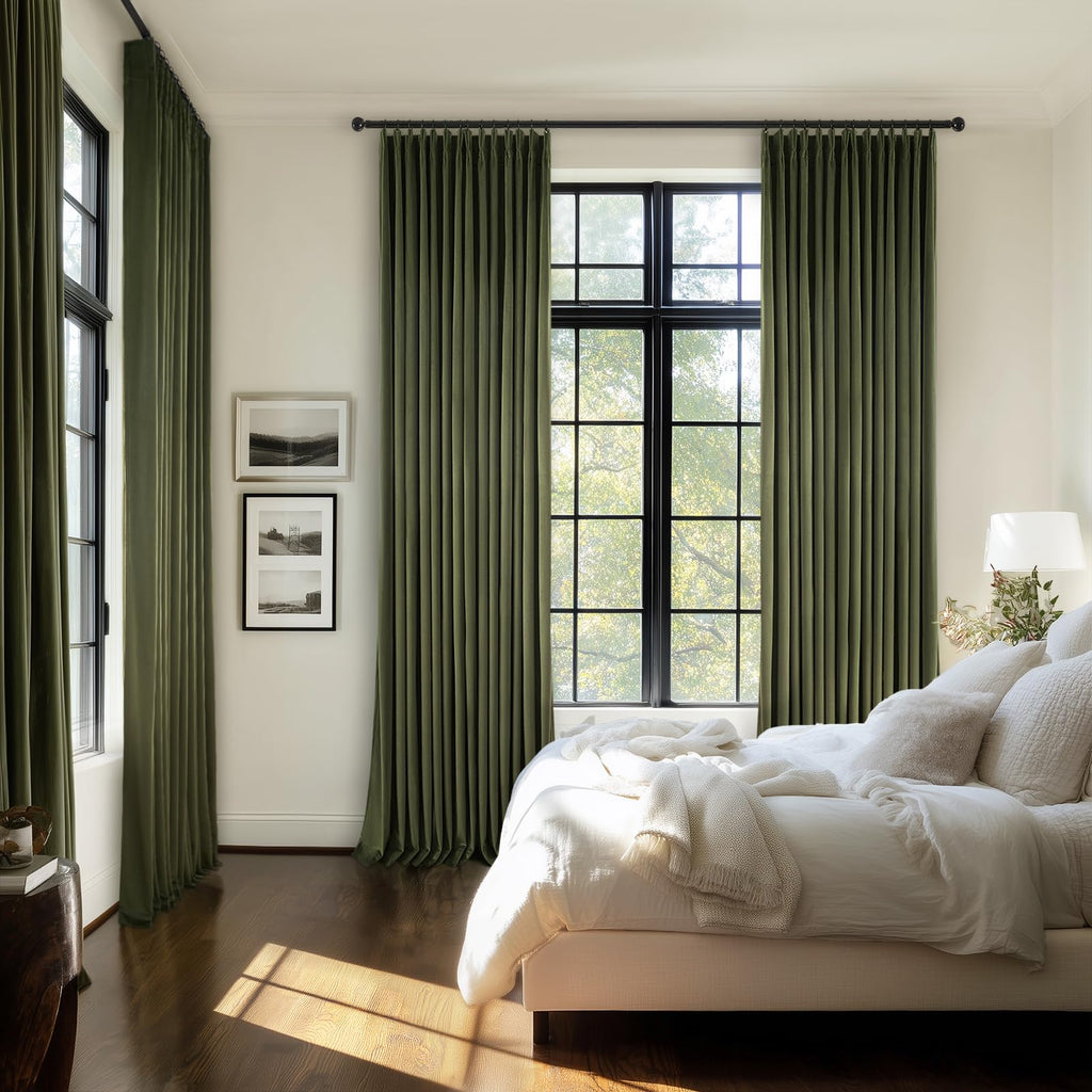 Olive Green Velvet Blackout Curtains 84 Inches 2 Panels Forest Green Elegant Vintage Pinch Pleated Drapes Bedroom