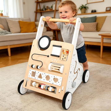 Wooden Baby Walker for Toddlers 1-3, Adjustable Height Montessori Push Toy with in-1 Activity Center, Baby Push