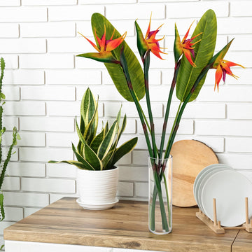 Artificial Bird of Paradise Real Touch 31.5'in Long Stem Flower 4 Pcs, with Bird of Paradise Leaves 33.5'in Long Stem