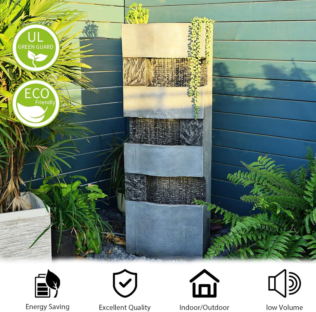 40.5''H Garden Water Fountain Outdoor,4 Tiers Floor Standing Waterfall Outdoor Fountains with LED Lights