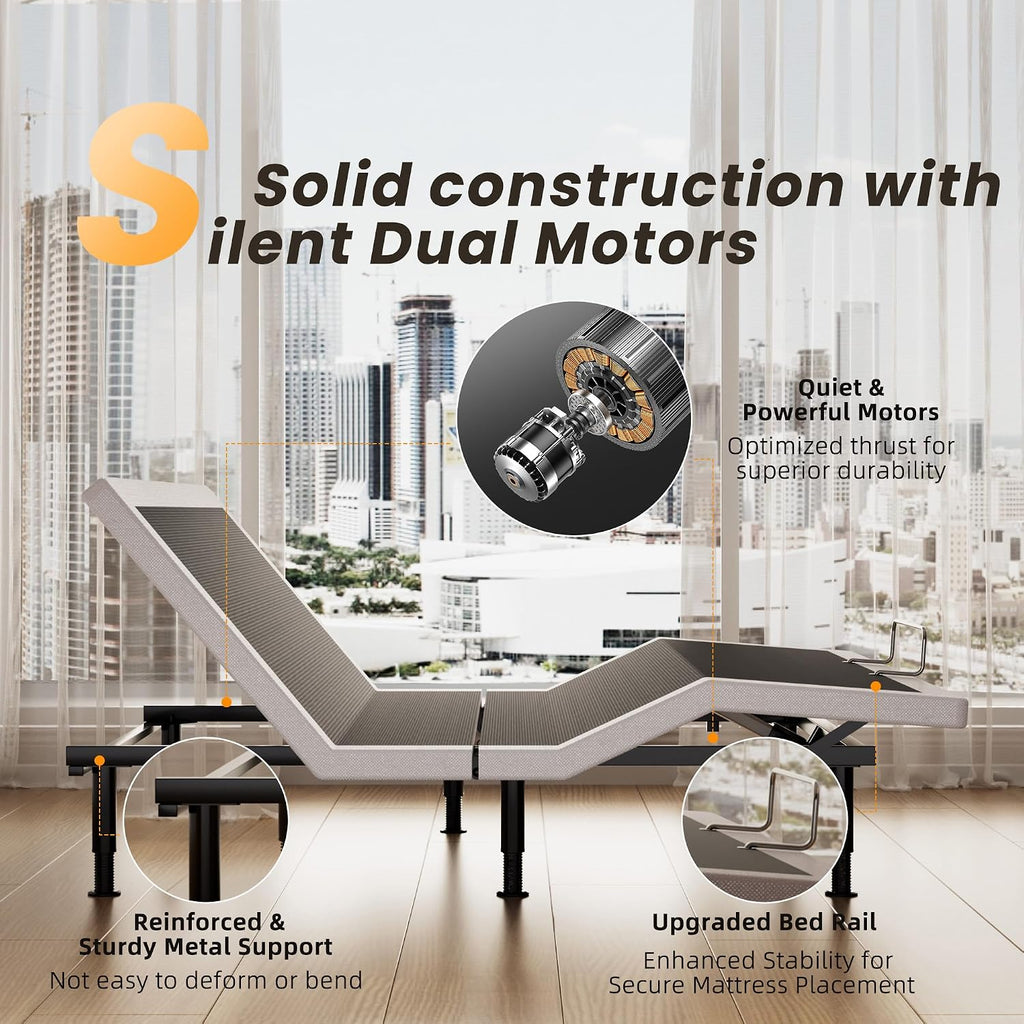 Queen Adjustable Bed Frame with Wireless Remote, Head Foot Incline, USB, Underbed Light - Heavy Duty Platform, Zero