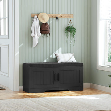 Shoe Storage Bench, 2 Doors & Thickened Padded Seat Cushion