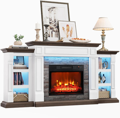 72 Inch Electric Fireplace TV Stand with Mantel and Storage Cabinets, LED Lighting, Stacked Stone Surround and 3D Realistic Flame with Remote Control