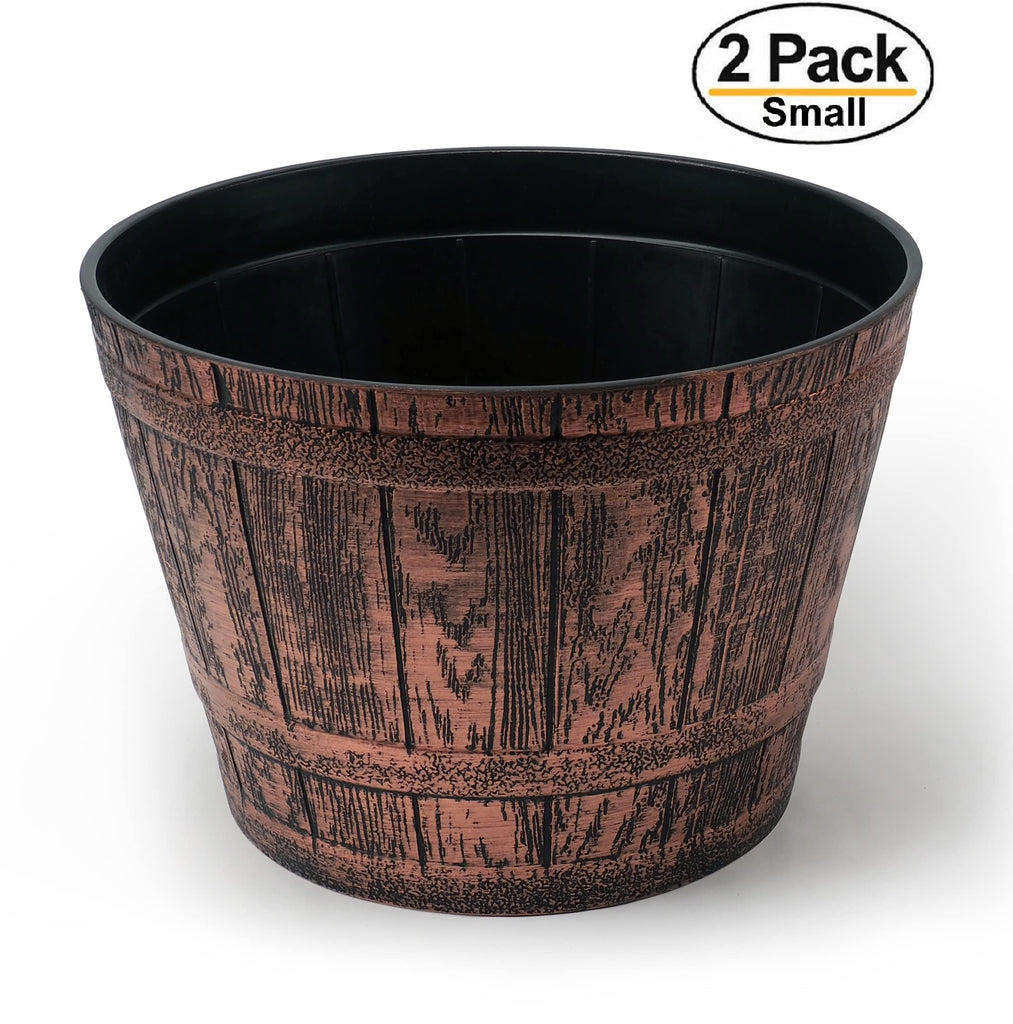 Plant Pots Set of 2 Pack 10 inch, Copper Whiskey Barrel Planters with Drainage Holes. Plastic Decoration Flower Pots