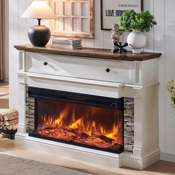 52" Electric Fireplace with Mantel, Freestanding Fireplace Heater TV Stand with 36" 3-Side Glass Insert for TVs Up to 65" with Storage Cabinet for Living Room, Light Rustic Oak