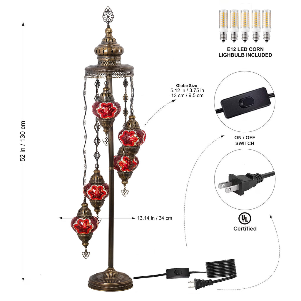 Turkish Mosaic Floor Lamp, 5 Globe Boho Lighting, Red