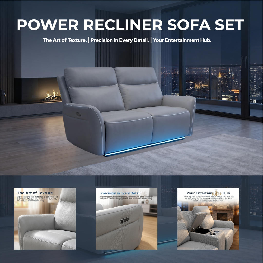 Leather Power Reclining Sectional Sofa with LED Lighting, Cup Holders and Storage, Light Grey
