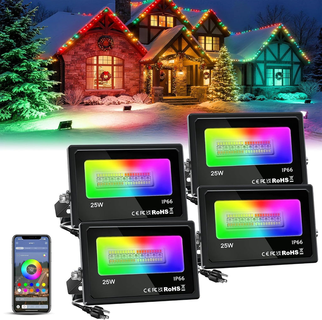 LED Flood Light Outdoor,Bluetooth RGBCW Flood Light with APP Control,25w Color Changing LED Light with 16 Million