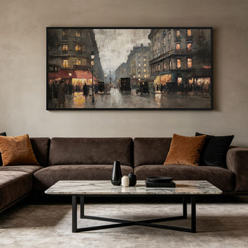 Vintage Paris Street Canvas Print Black Framed Wall 58x29 Inch