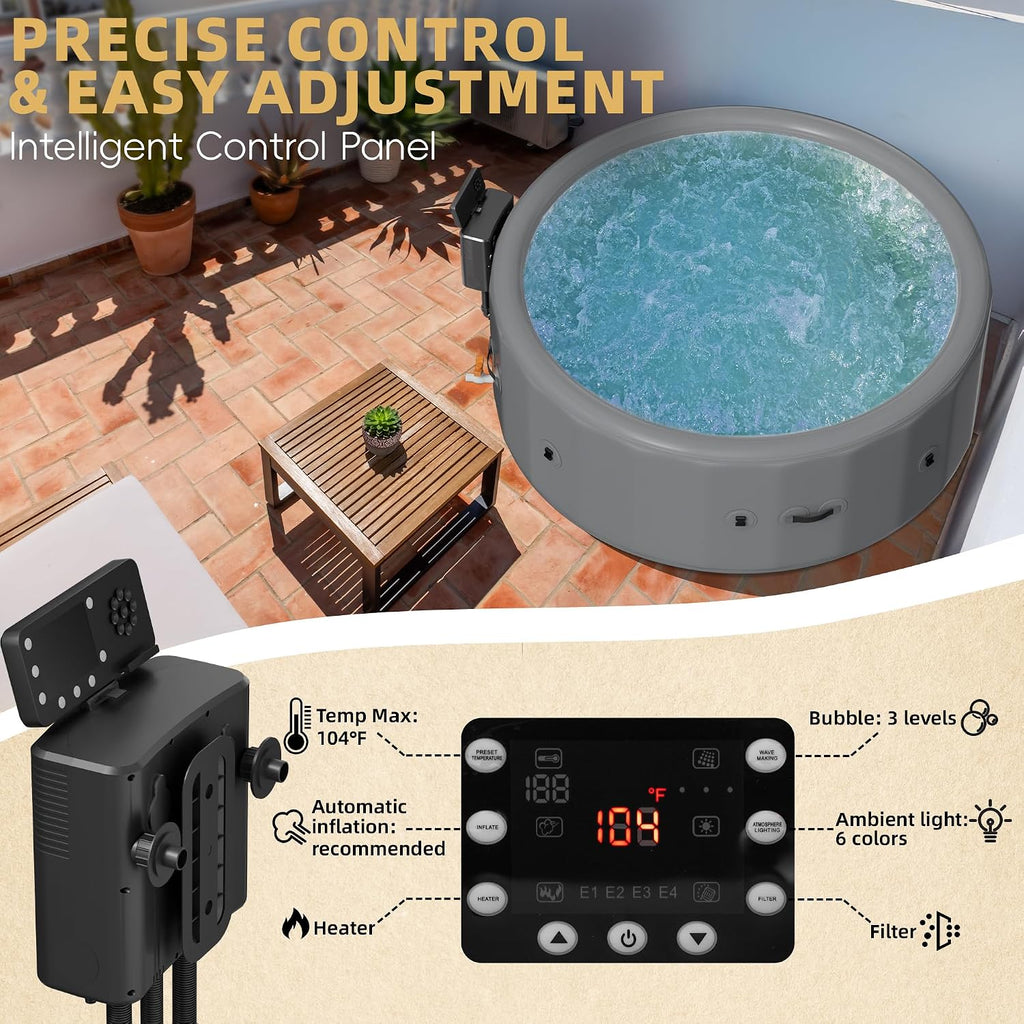 77 Inch Drop-Stitch Inflatable Hot Tub for 6 Person, Rigid Portable Outdoor Spa with 160 Bubble Jets, 104°F Smart