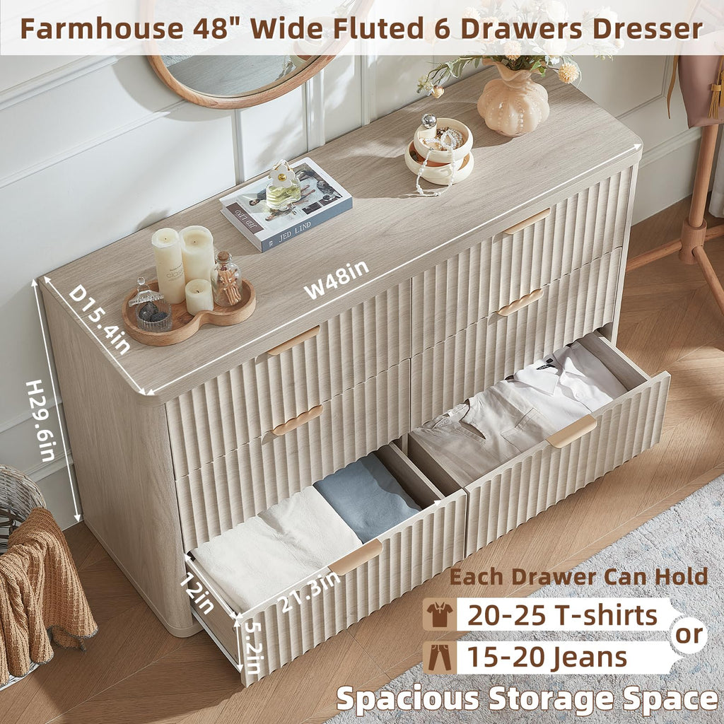Fluted 6 Drawers Dresser Set of 2, 48" Wide Modern Chest of Drawers with Metal Handle, Light Grey Curved Profile