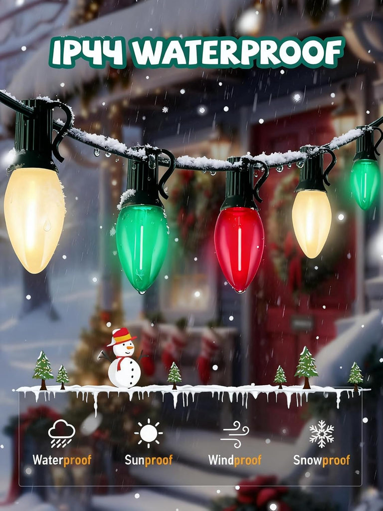 C7 LED Red White and Green Christmas Lights, 25Ft Outdoor Chritsmas String Lights Shatterproof with 27 LED Clear