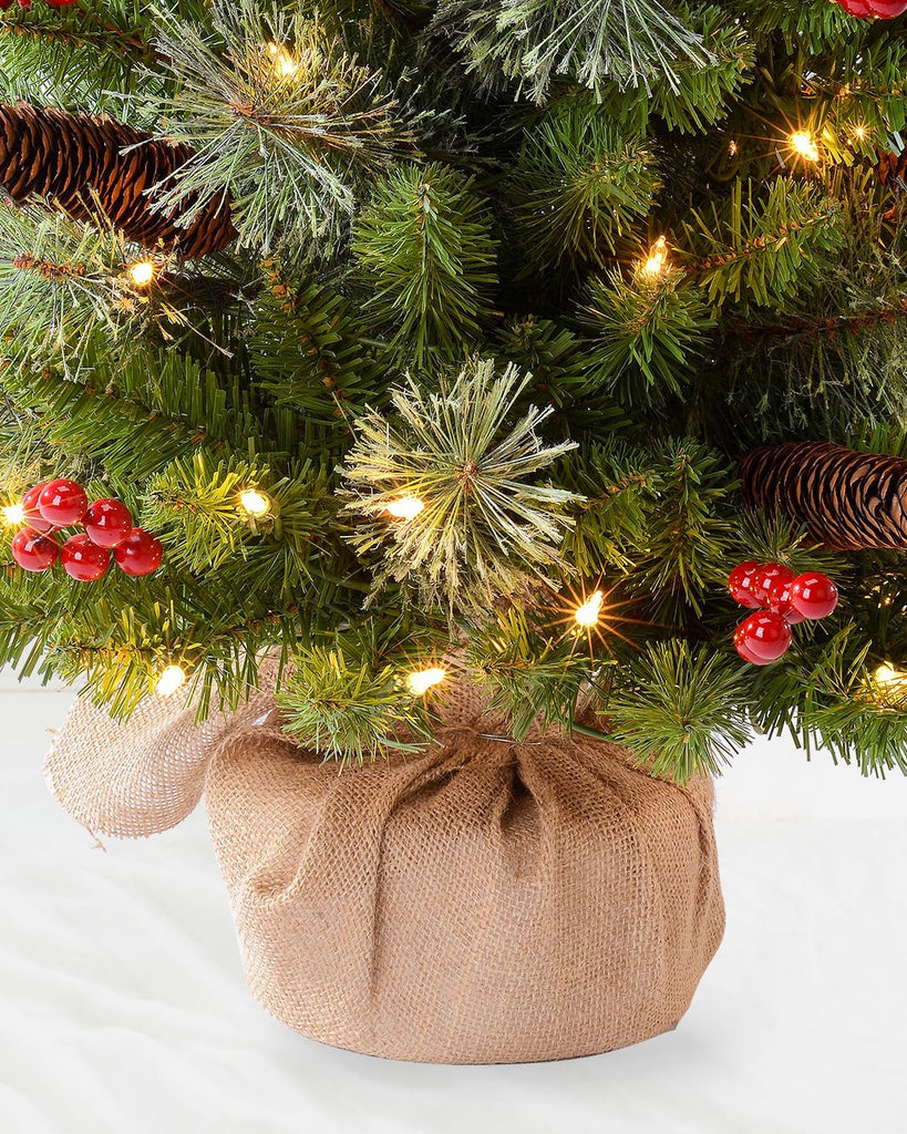 3ft Pre-Lit Artificial Christmas Tree with 70 LED Lights Mini Xmas Trees, Cement Burlap Base Basin, Tabletop, Green