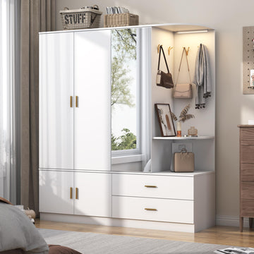 Armoire Wardrobe Closet with Mirror & Sensor Light, Bedroom Armoire with 5 Doors & 2 Drawers, Modern Wooden Large