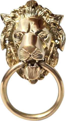 Unique Look Handcrafted Shiny Brass Polished Lion Front Face Door Knocker Home Entrance Décor Accessory Mounting