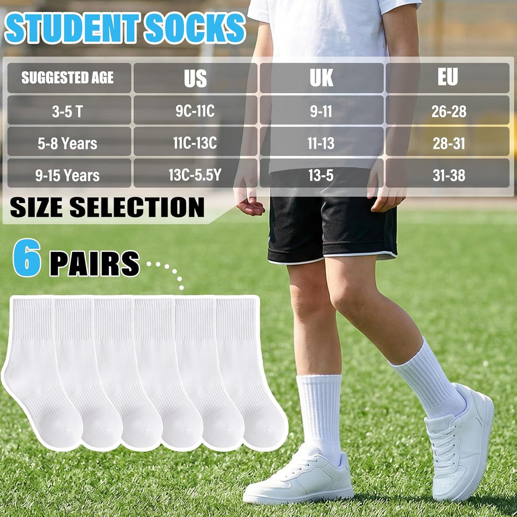 Unisex School Kids Boys Girls Athletic Socks Soft Cotton Student Uniform White Black Gray Crew Socks 6 Pairs