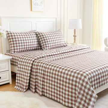 Sheet Set Tan Gingham Plaid, 4-Piece Brushed Microfiber Taupe Grid Bed Sheets, 16" Deep Pocket, Ultra Soft