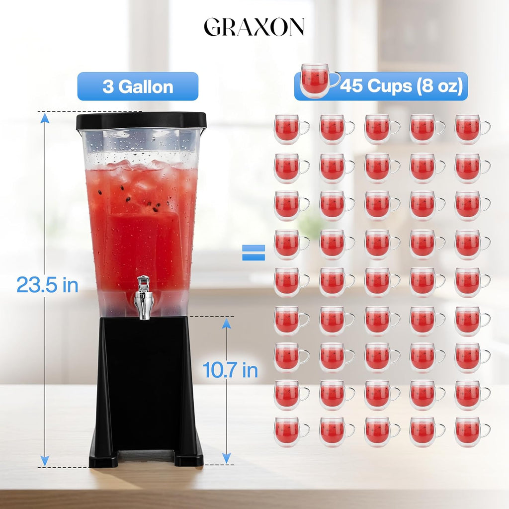 Large Drink Dispenser for Parties (3 Gallon) Slim Plastic Beverage Dispenser with Base for Counter Tops, No Mess