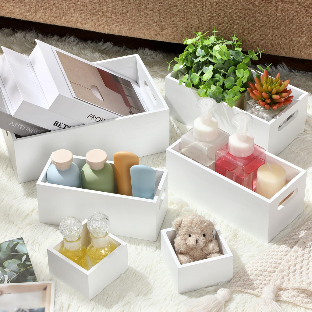 Set of 6 Wooden Storage Boxes with Handles Nesting Farmhouse, White