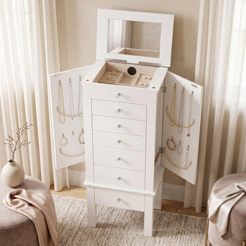 Kimberly Jewelry Armoire with Mirror, 6 Felt-Lined Drawers, Necklace Hooks, Ring Rolls, Cord Port, Jewel Pulls