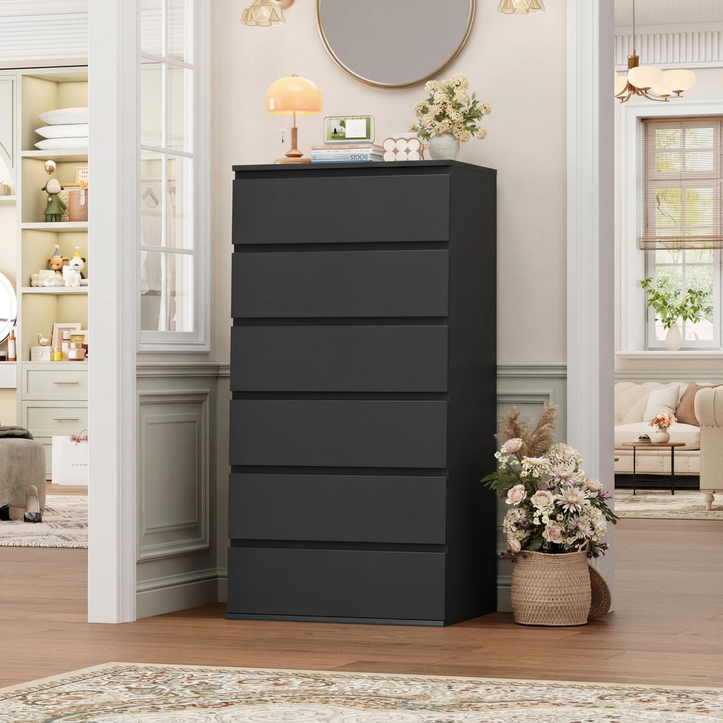 Black Dresser, 6 Drawer Dresser with Handleless Drawer Cabinet