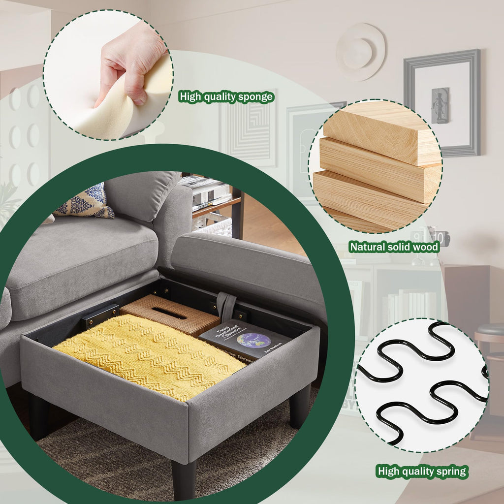 80" Convertible Sectional Sofa, Small L Shaped 3 Seat Couch with Reversible Storage Chaise, Modern Polyester Fabric