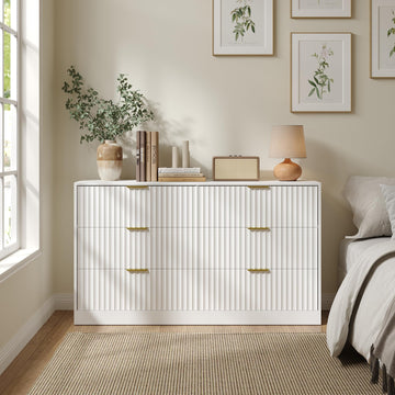 White 6 Drawer Dresser, 55" Wide Fluted Chest of Drawers with Gold Metal Handles, Wood Dresser Storage Organizer Mid