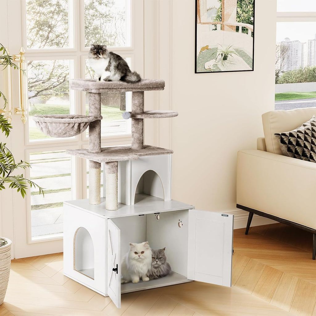 Cat Litter Box Enclosure with Cat Tree Tower and Condo, Hidden Washroom Furniture with Sisal Scratching Post and Soft
