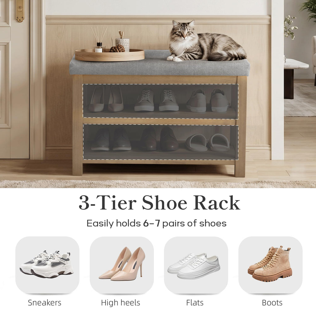 Shoe Rack Bench with Cushion, 2 Tier Solid Wood Storage Bench, Mid-Century Modern Shoe Bench, Closet, Front Door