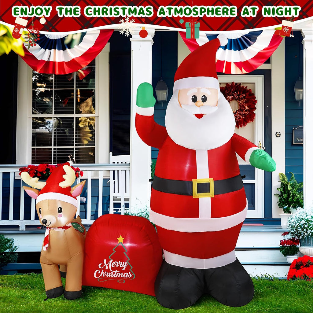 7Ft Christmas Inflatable Santa Clau Built-in LED Lights, Outdoor Decoration Santa with Reindeer and Christmas Ball