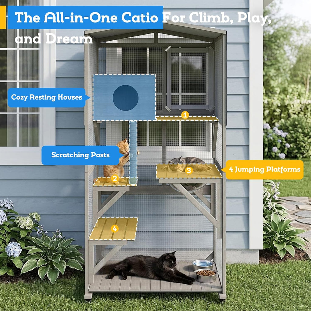 66.2" Catio Outdoor Cat Enclosure with Wheels & Window Access, Portable Large Wooden Cat Catio Cage for Balcony