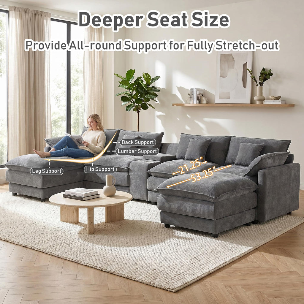 145" Oversized U-Shaped Cloud Sectional Sofa, Grey