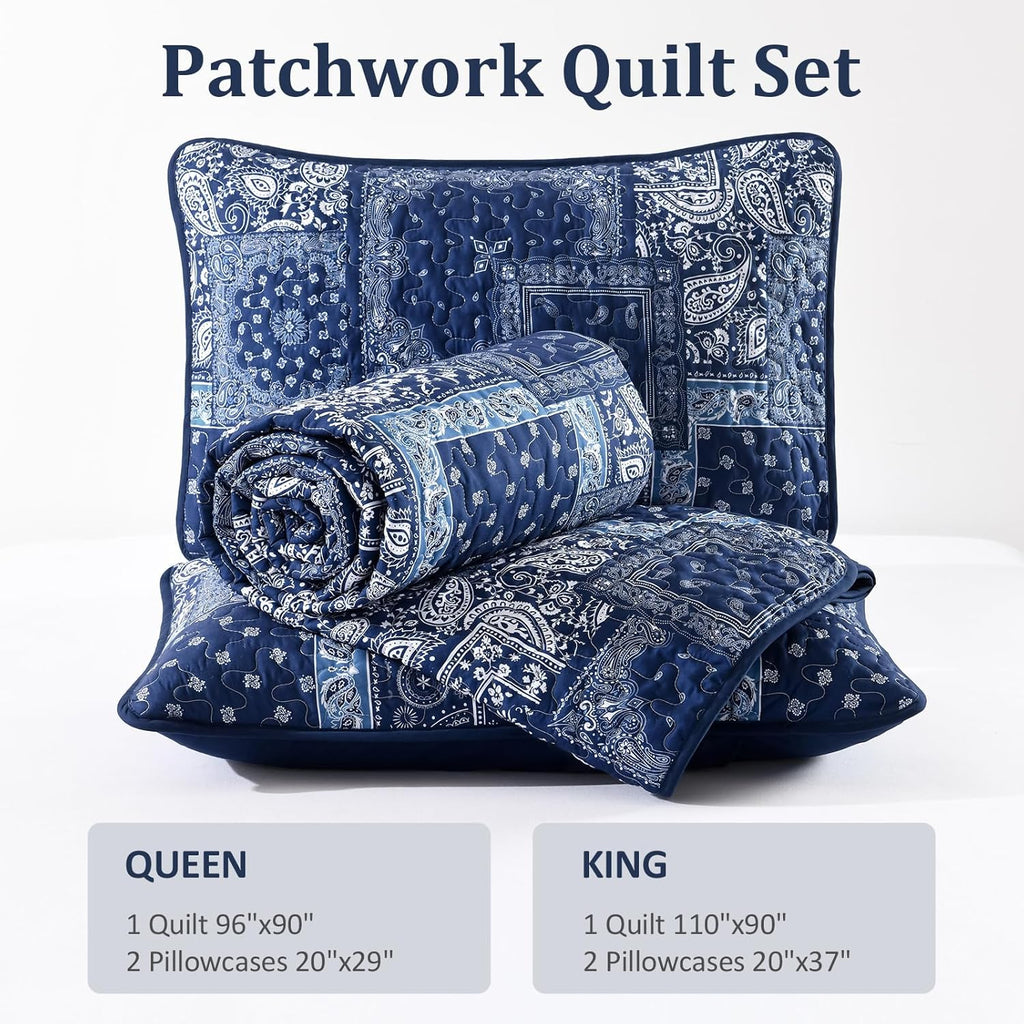 Blue Patchwork Quilt Set Queen,Boho Navy Blue Quilt Set,Paisley Farmhouse Bedspread Soft Microfiber Bedding Set for