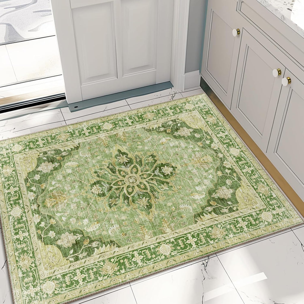 Area Rugs Washable Non-Slip, Floral Vintage Distress Print Pattern Medallion Carpet for Living Room Bedroom