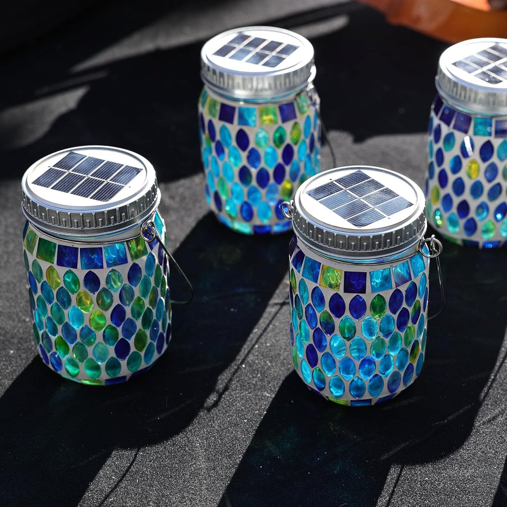 6 Pack Mosaic Solar Lanterns Outdoor Waterproof Handmade Patch Jar