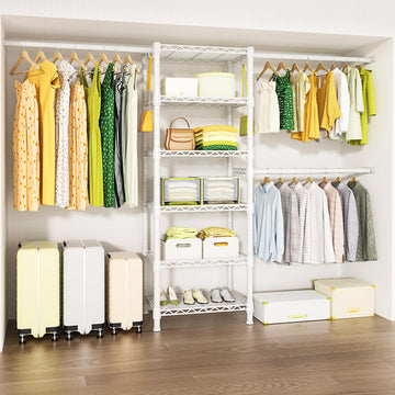 M5 Wall Mounted Clothes Garment Rack, Heavy Duty Closet Storage and Organizer with 6 Shelves and 3 Expandable Hanger