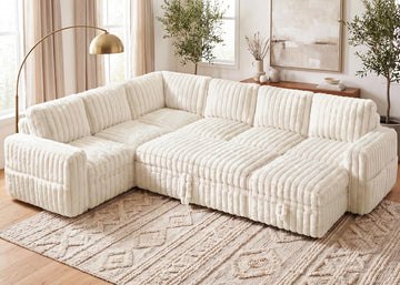 Plush Corduroy U Shaped Sectional Sofa with Pull Out Bed, Plush Beige