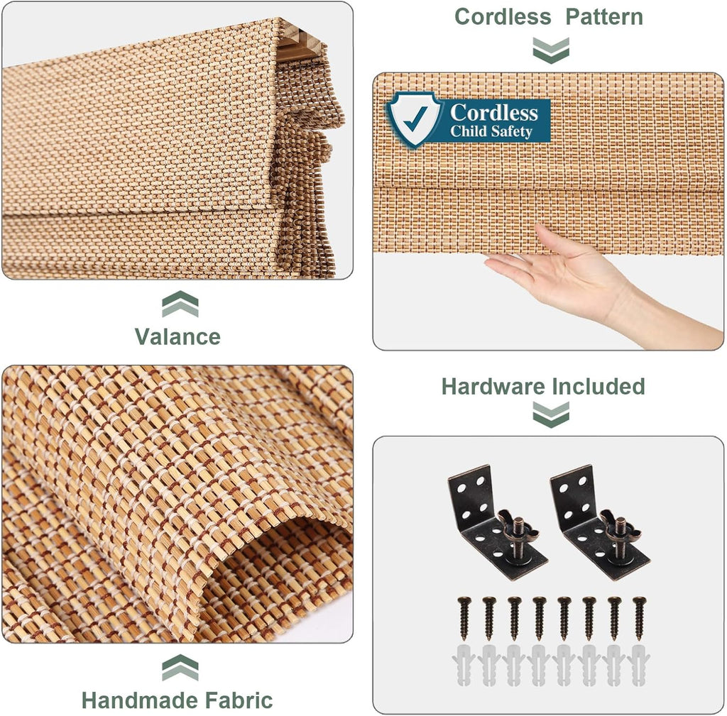 Comzone Cordless Blackout Bamboo Roman Shades, Easy to Install Natural Woven Wood Window Shades, Great Privacy Lined