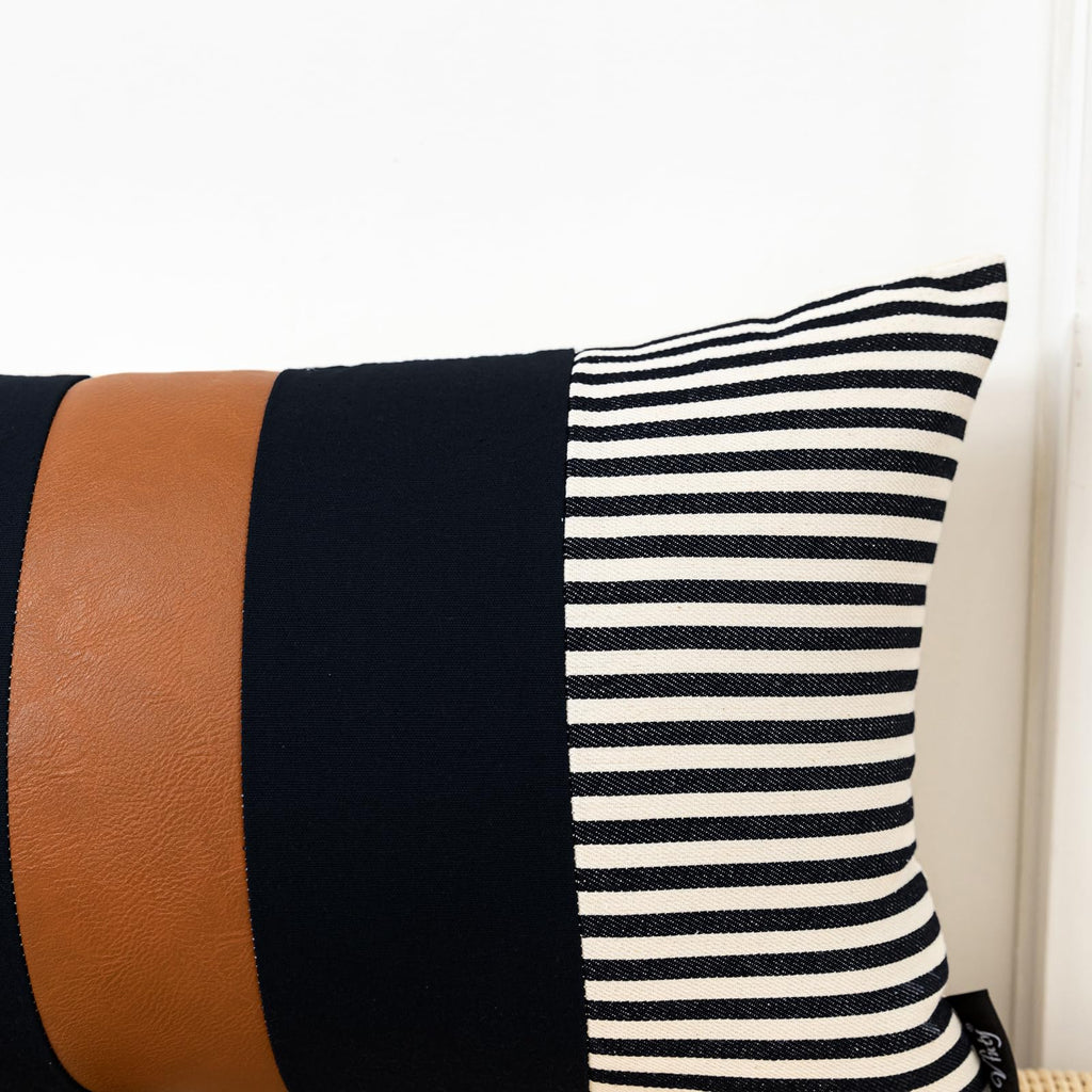 Brown and Black Decorative Pillow Cover Set of 2, Farmhouse Stripe Lumbar Pillow Cover 12x20 Modern Faux Leather