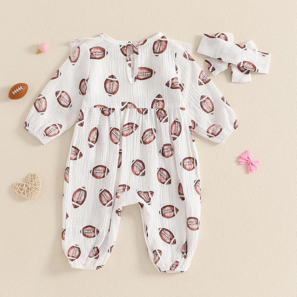 Newborn Baby Girl Football Outfit Rugby Print Ruffle Jumpsuit Puff Sleeve Linen Romper Headband Fall Clothes